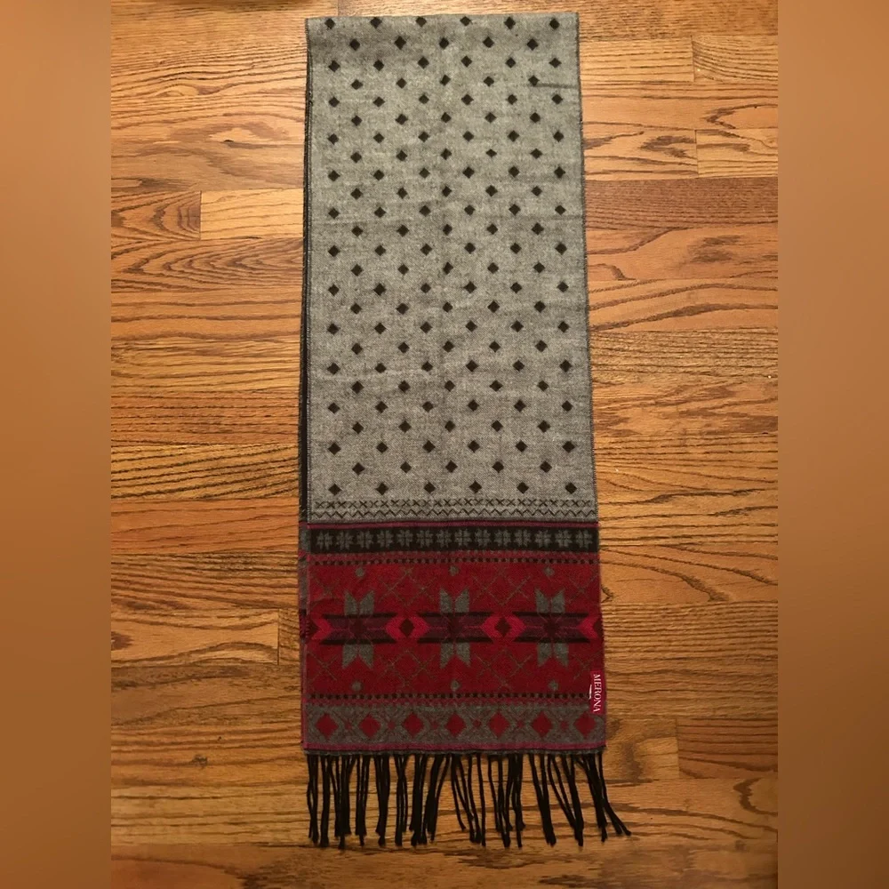 Merona Men's Rustic Outdoorsy Patterned Black Grey Red Winter Fringed Scarf